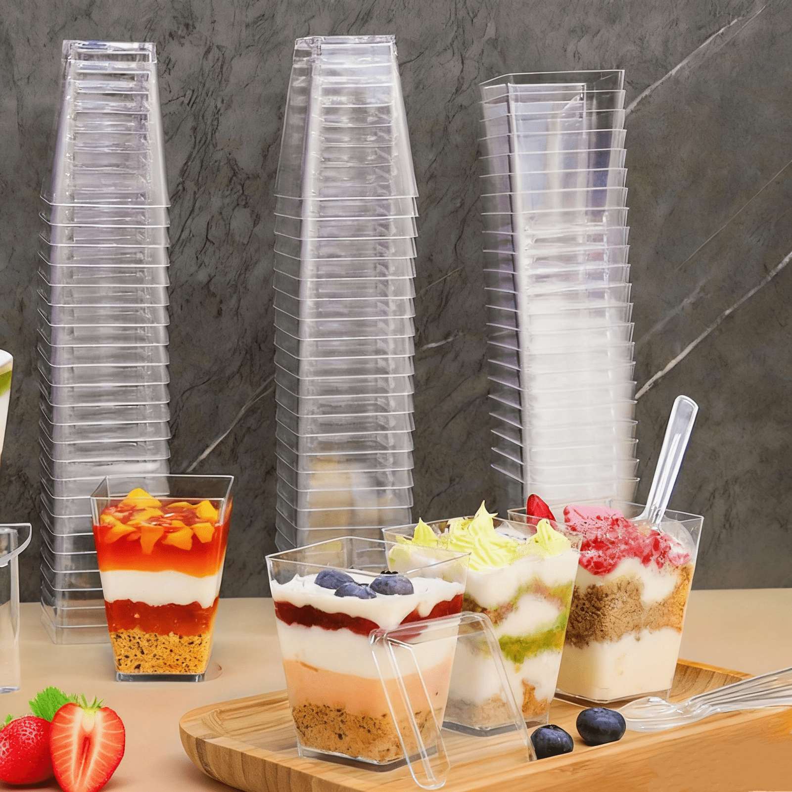 150 Pcs Dessert Cups with Lids and Spoons, 5 oz Mini Clear Plastic Dessert Parfait Cup, Reusable Fruit Ice Cream Cake Pudding Cups