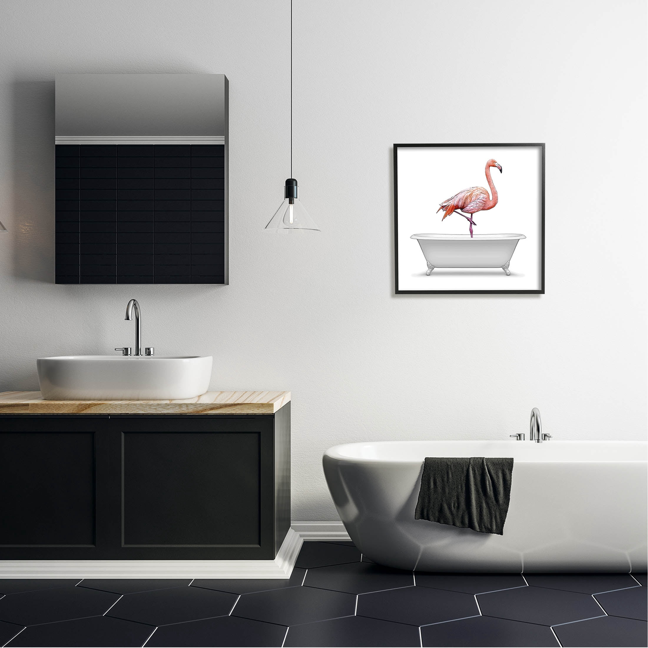 Stupell Industries Flamingo Standing Antique Bathroom Tub Graphic Art Black Framed Art Print Wall Art, Design by Annalisa Latella