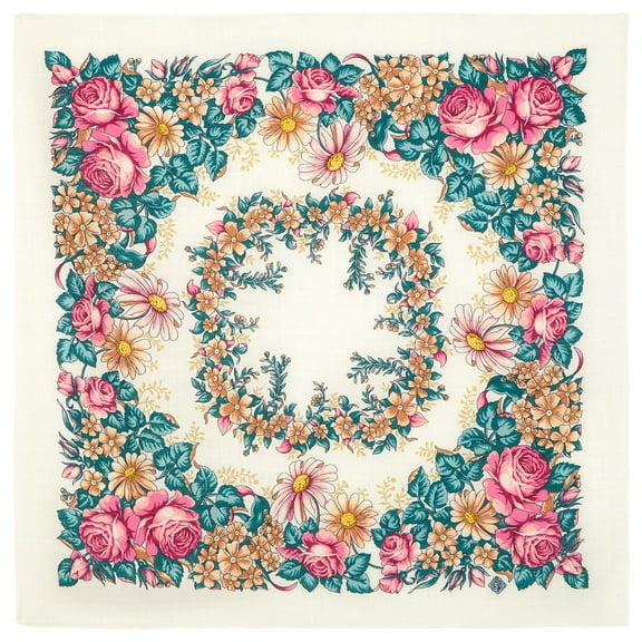 Pavlovo Posad Fairy Dance Wool Shawl 28.3x28.3'' (72x72 cm) 100% Wool Wrap Fashion Shawl for Women Floral Wool Scarf, Pink and Yellow 238879