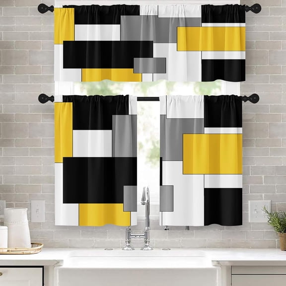 Yellow Kitchen Window Curtains Valance and Tier Set 36 Inch, Black Grey White Modern Rod Pocket Short Tier Curtain for Bathroom, Abstract Art Small Cafe Drapes for Kitchen Decor