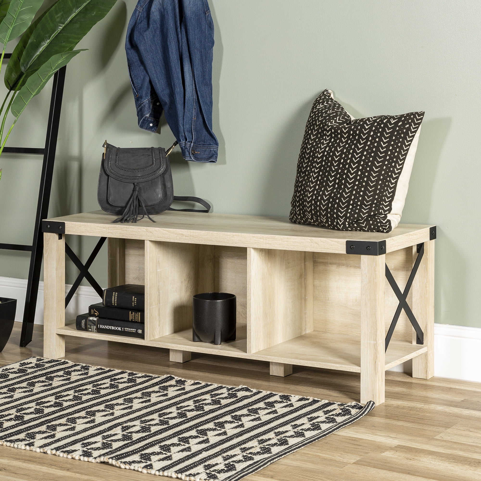 Woven Paths Rustic Farmhouse Metal X Entryway Storage Bench, White Oak