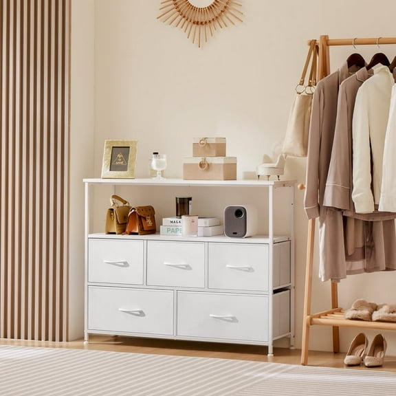 MIDOQIN Dresser for Bedroom Wide Drawer Dresser Organizer Storage Drawers with 5 Drawers, Chest of Drawers with Open Shelves for TV up to 45 inches TV Stand