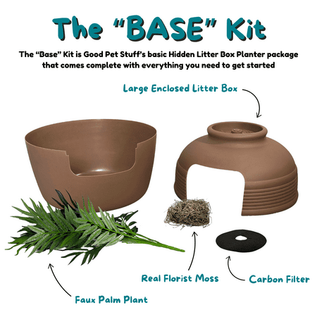 Good Pet Stuff Hidden Cat Litter Box Enclosure with Artificial Plant, Odor Filter System, Original Round Planter, Base Kit, Mocha Brown