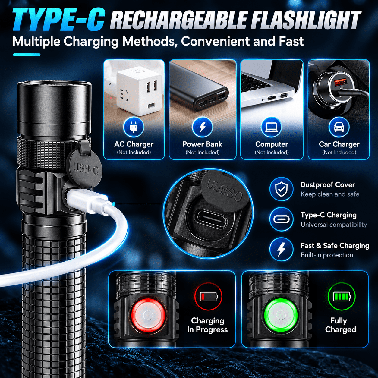 MoonSun 10000 Lumens Rechargeable Flashlights, Powerful Flashlight for Home Hiking Hunting Camping, Zoomable Outdoor LED Handheld Flashlights