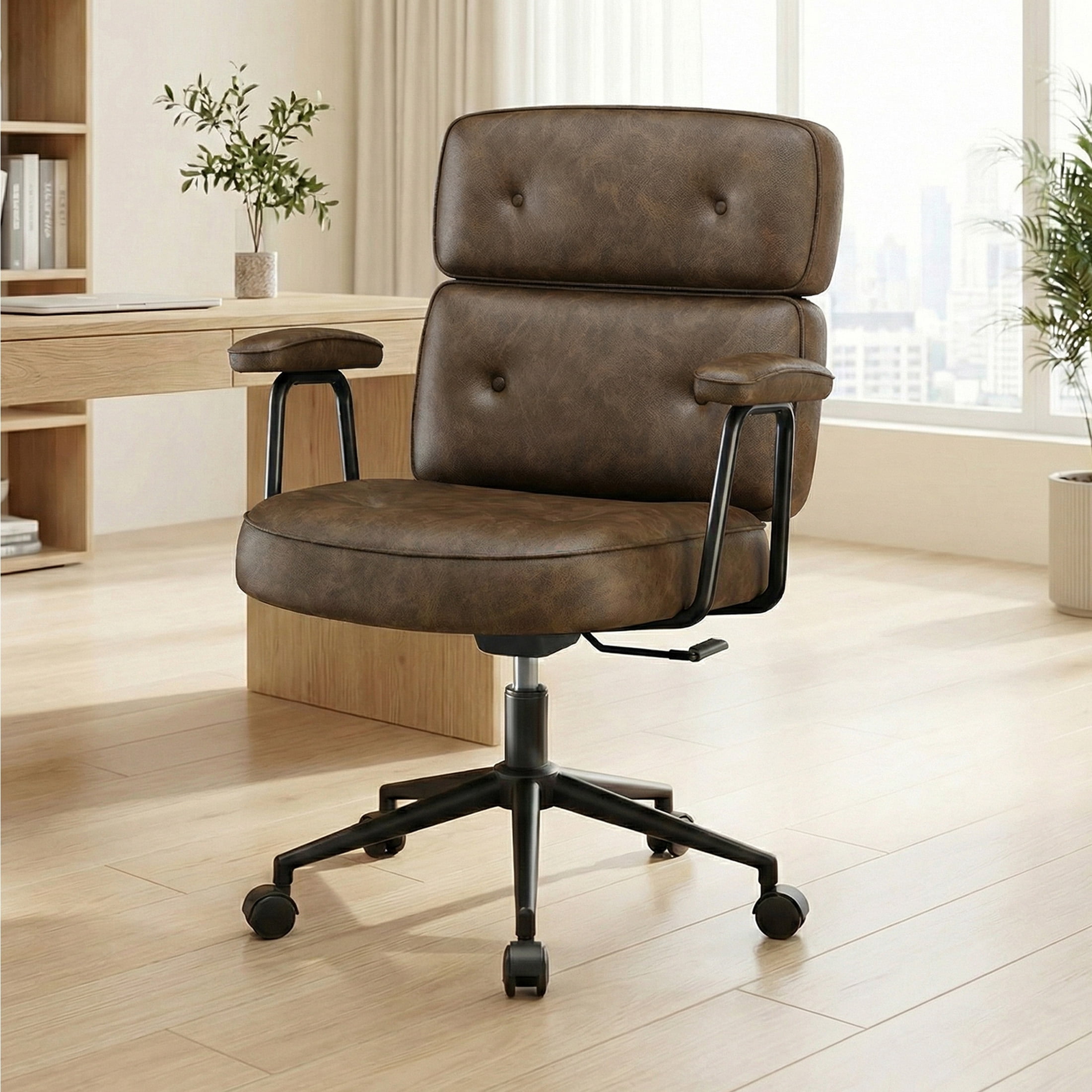 CONCETTA Ergonomic Office Chair, Soft PU Leather Adjustable Task Chair with Lumbar Support and 360° Swivel, Brown