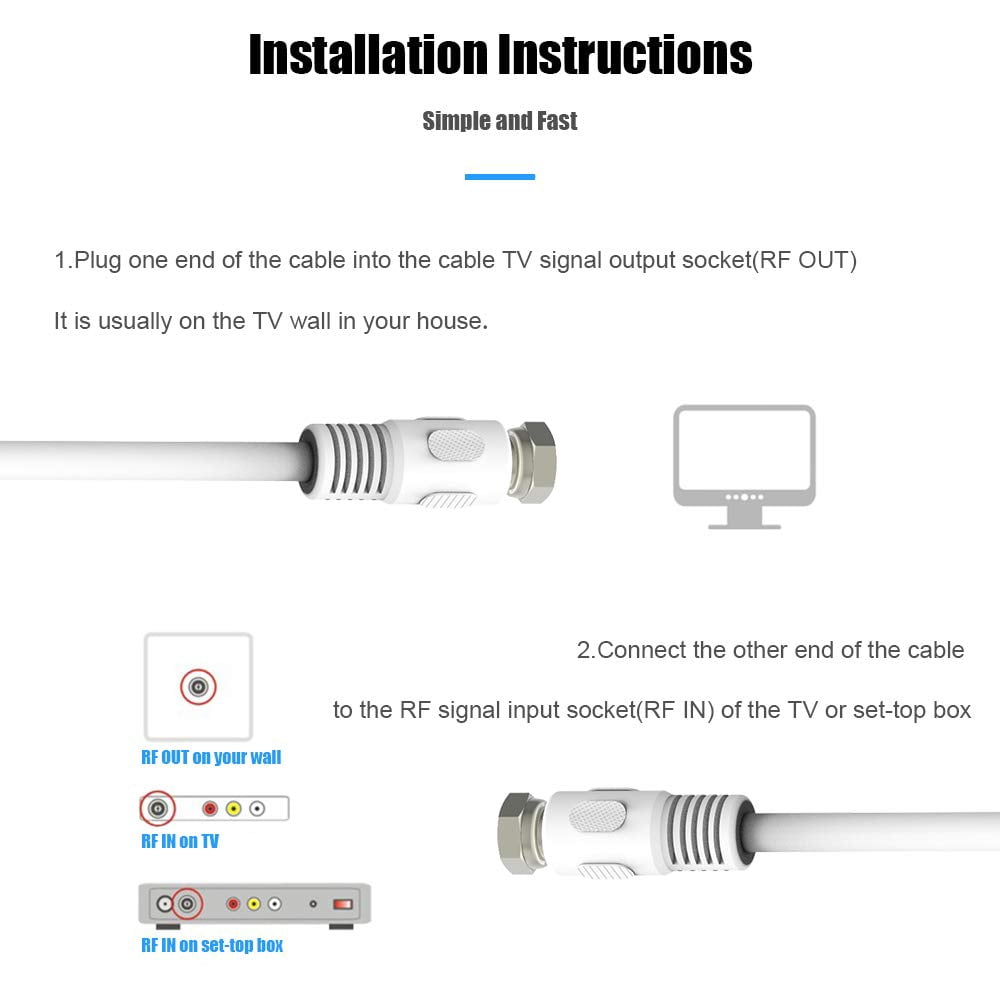 Short Coaxial Cable, 2-Pack 1ft Coaxial Cable, RG6 Cable 0.3m with Right Angle Connectors, White 75 Ohm Shield Digital Coax Cables with F-Male Connectors, Ideal for TV Antenna DVR Satellite