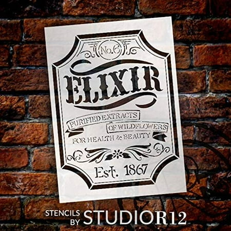 Vintage Victorian Elixir Stencil by StudioR12 | DIY Old Ephemera Home Decor & Furniture | Embellished Apothecary Label Word Art | Craft & Paint Wood Sign | Mylar Template | Size (18 x 13 inch)