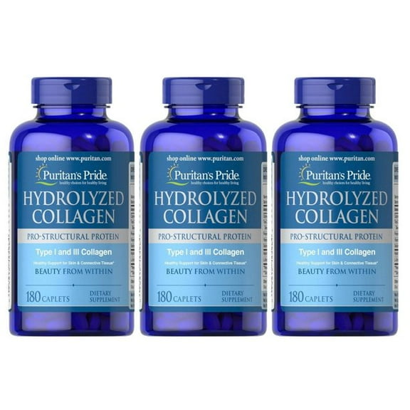 Puritan's Pride Hydrolyzed Collagen 1000 mg - 180 caplets protein supplement (3-PACK)