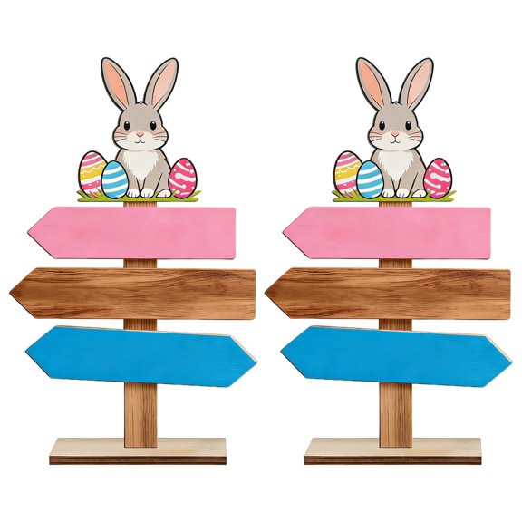 2 Pcs Easter Wood Decorations Set, Wood Easter Decor with Cute Rabbit Design, Colorful Painted Tabletop Sign Centerpiece, Multi-Layered Structure, for Home, Parties