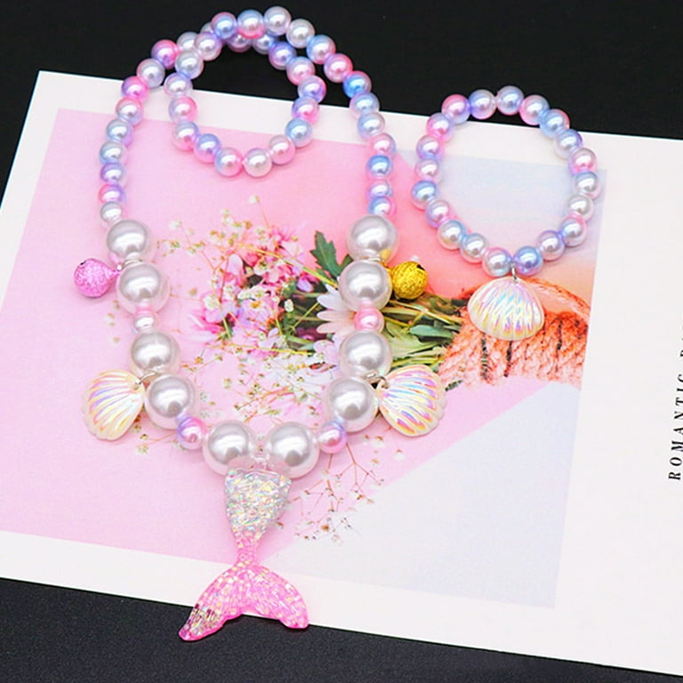 Nuolux 5 in 1 Children Girl Jewelry Set Mermaid Shape Simulation Pearl Children Necklace Bracelet Ring Earring for Toddler Dress Up Jewelry Party