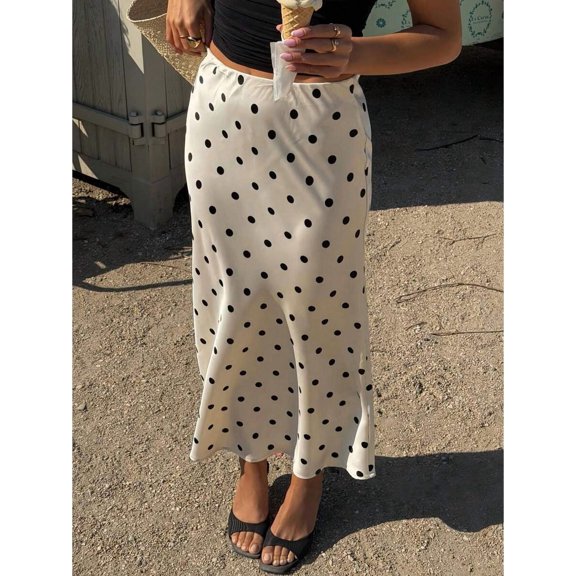 White Polka Dot Satin Midi Skirt High Waist Flowy A-Line Slip Skirt