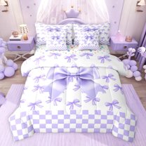 jejeloiu Purple White Checkered 7pcs Bedding Comforter Set,Kawaii Bowknot Bow Queen Bedding Sets For Girls Teens Reversible