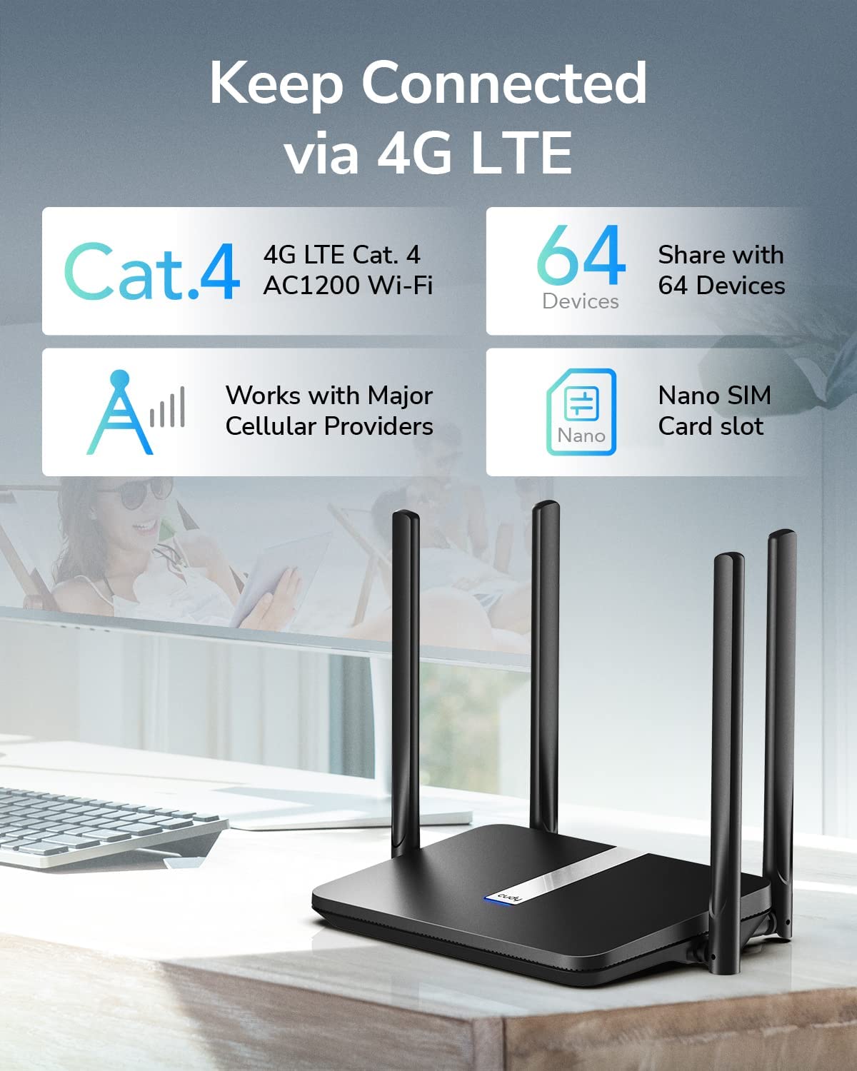 Cudy AC1200 Unlocked 4G LTE Router with SIM Card Slot, Dual-Band 1200Mbps WiFi, 4× High-Gain Antennas, VPN (WireGuard/OpenVPN), Backup Internet for Home, RV, Cameras, Remote Areas
