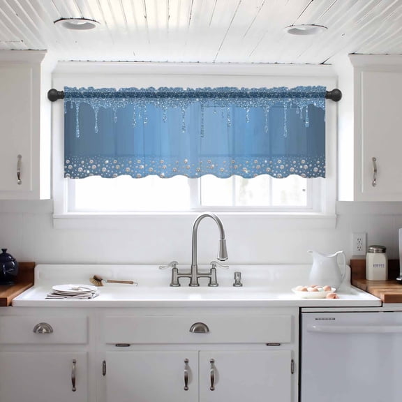 Modern Blue Valance Curtains for Kitchen/Living Room/Bathroom/Bedroom Window, Abstract Diamond Luxury Gradient Rod Pocket Small Topper Half Short Window Curtains Voile Sheer Scarf 42"x12"
