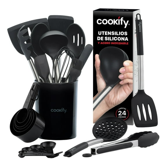 Juego de Utensilios de Cocina Silicona y Acero Inoxidable, 24 pzas (Negro/Plateado)