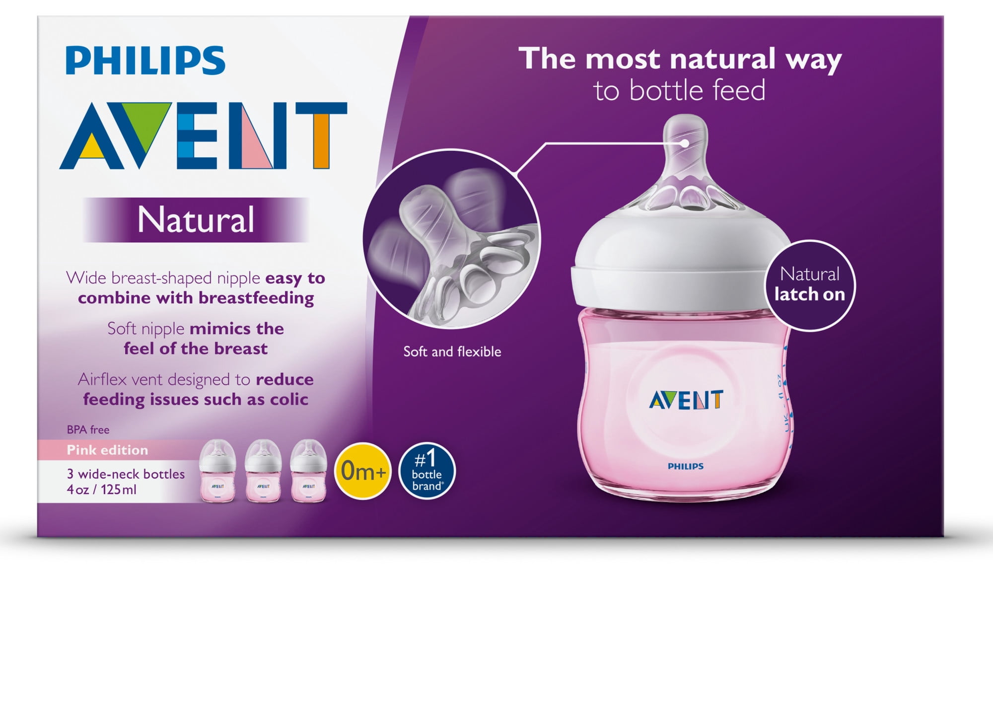 Philips Avent Natural Baby Bottle, Pink, 4oz,3pk, SCF010/38