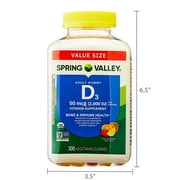 Spring Valley Vitamin D3 Gummies, 50 mcg, 300 Count, Assorted Fruits, Supplement Vegetarian Gummies for Bone and Immune Health