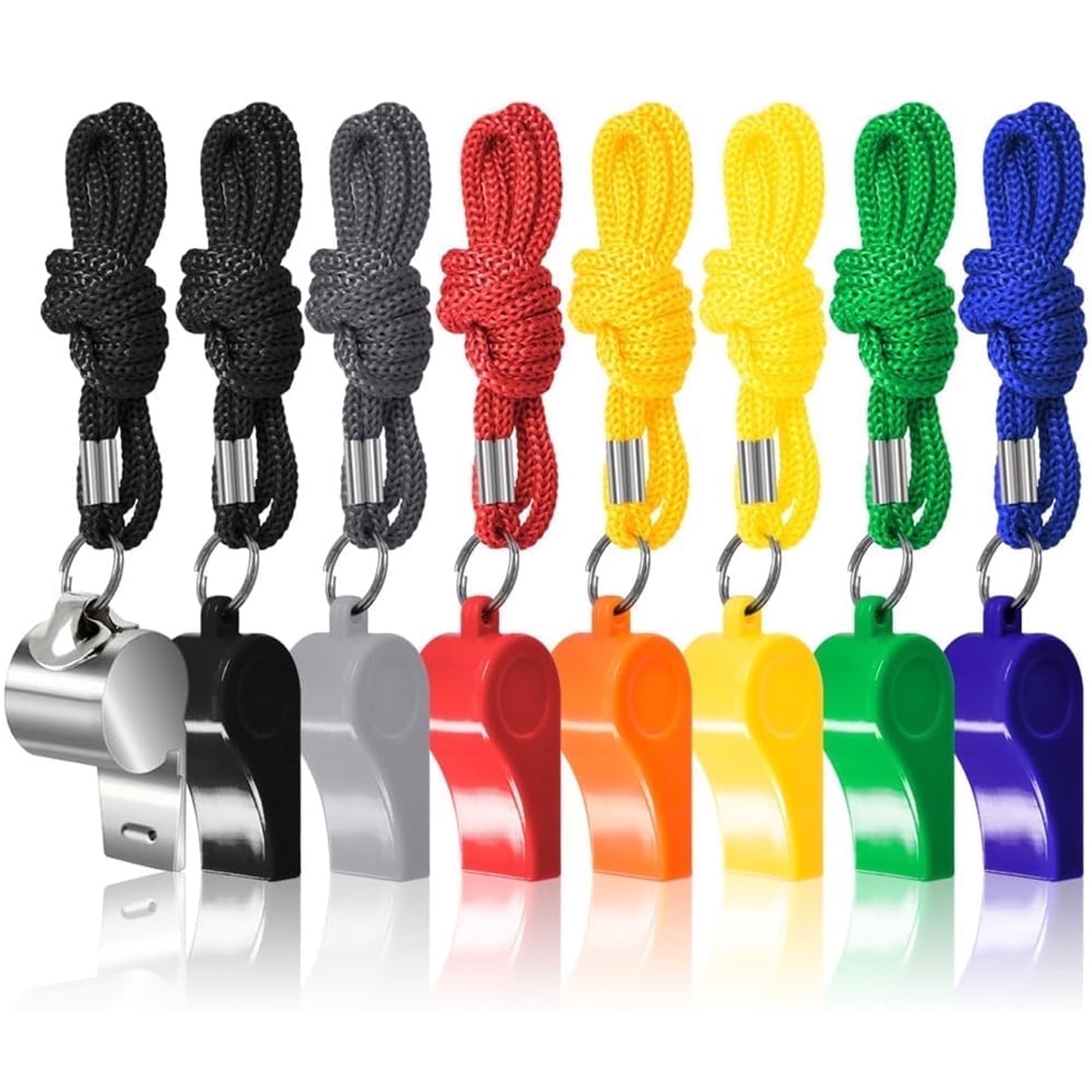 NOGIS 7 Pack Plastic Coaches Referee Whistles with Lanyards, 1 Pcs Stainless Steel Metal, Colorful Whistles for Football Sports Lifeguards Survival Emergency Training - Multi-Color