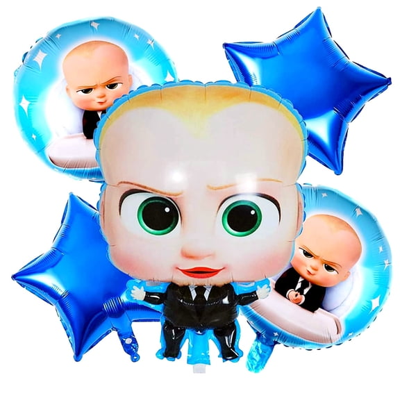 Birthday Boss Baby Decorations Pack Of 5 - 2 Pcs Round Balloon 2 Pcs Star Balloon 1 Straw For Inflation 1 Blue Baby Balloon | Boss Baby Theme For Kids Party - Helium Foil Balloon Item