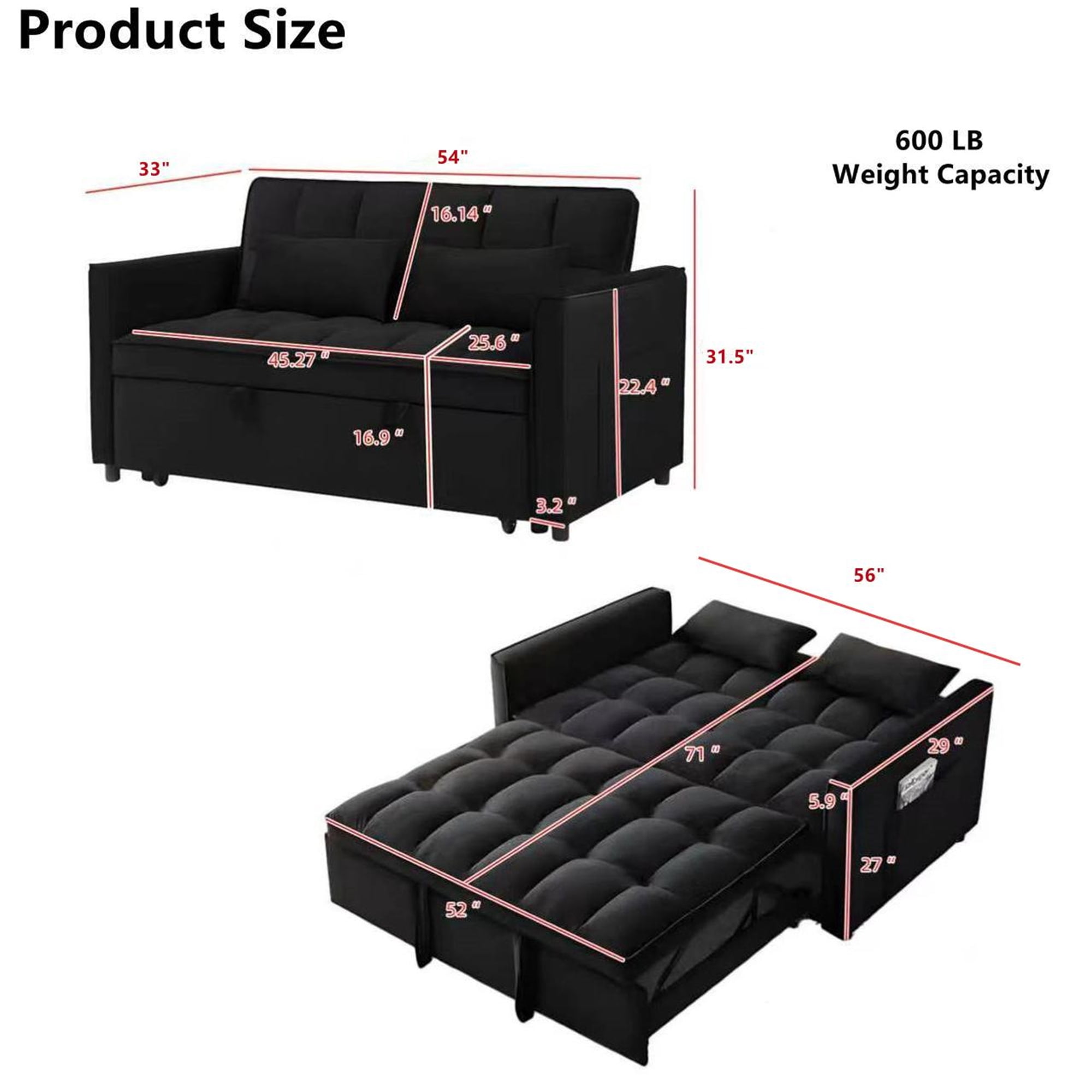 Aukfa 54" Chaise Futon Convertible Loveseat Sleeper Sofa, 2Pillows, Full Size, Velvet, Black