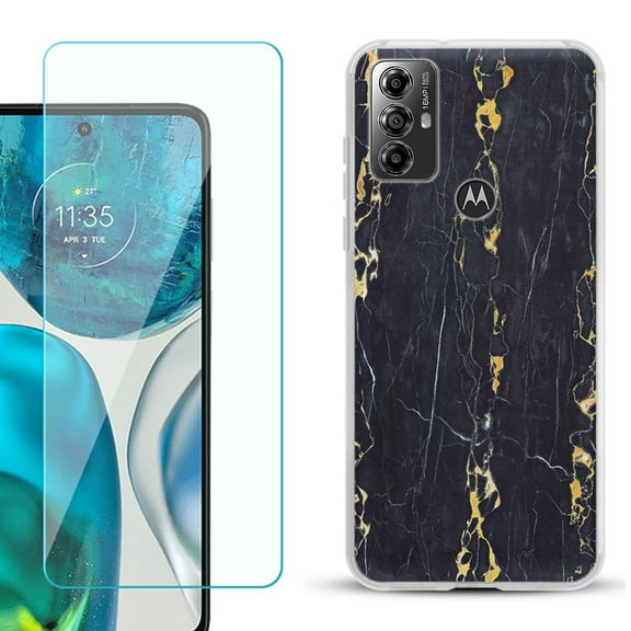 OneToughShield ® for Motorola Moto G Play 2023 Shockproof Fashion Phone Case, with Tempered Glass Screen Protector - Marble / Gold/Black