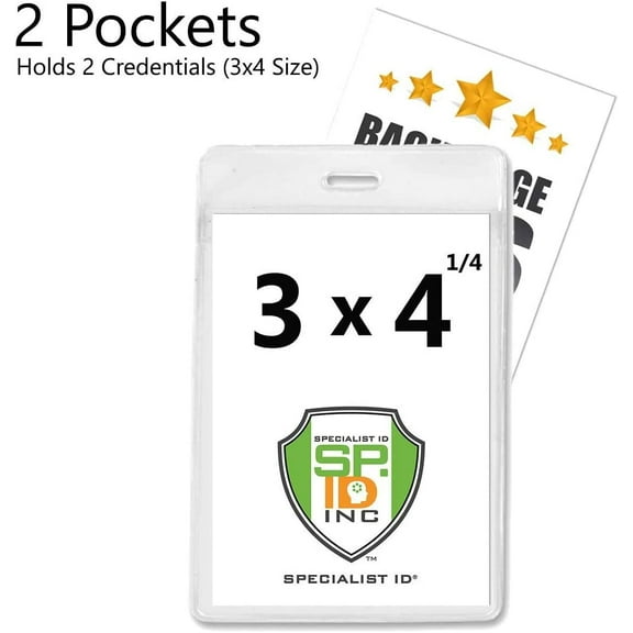5 Pack - Clear 3 X 4 Badge Holder w/ 2 Pockets - Heavy Duty Vertical Vinyl ID Card Protector Sleeves w/Front & Back Window Pouches for Two I’d - Trade Show, Immunization Card & More by Specialist ID