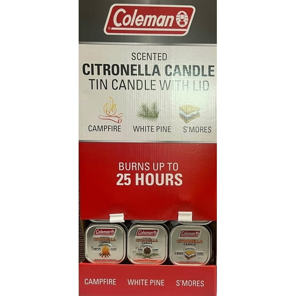 Coleman Scented Citronella Tin Candles with Wood Wick, 6oz Square, 18-Pack Display | Nostalgic Scents: Campfire, Pine & S'Mores | Recyclable with Lid Burns Up to 25 Hours