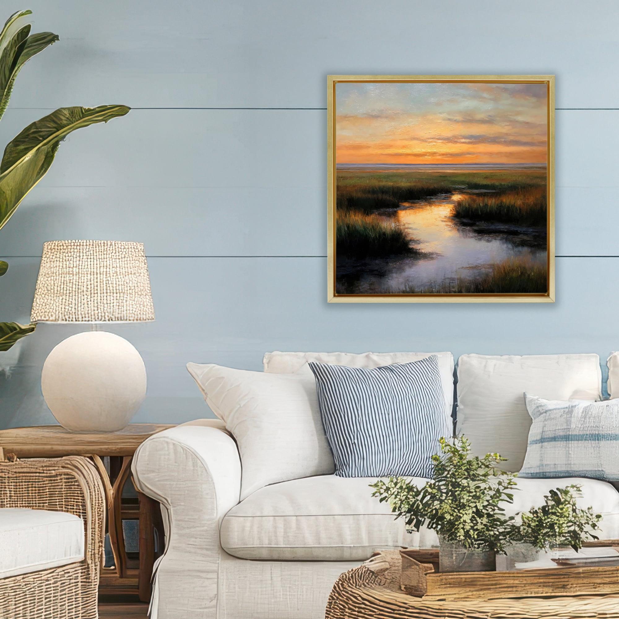 Stupell Industries Warm Marshland Sunset Gold Framed Floater Canvas Wall Art, design by Petal Prints Design