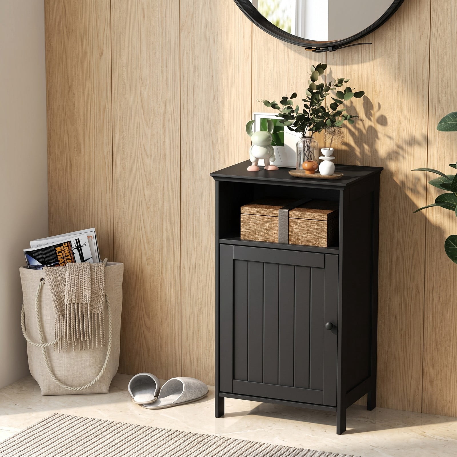 Fenbeli Bathroom Freestanding Floor Storage Cabinet with Adjustable Shelf and Open Cube, Waterproof MDF Side Organizer for Bathroom Living Room Bedroom Entryway, Black