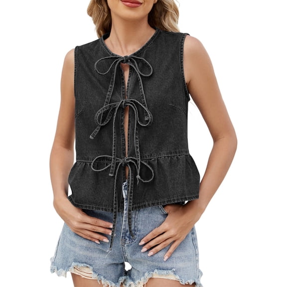 Essentials Womens Camisole Tank Tops Fashion Denim Vest With Lace Up Detail Ruffled Hemline For Wear Stretch Slim Undershirt