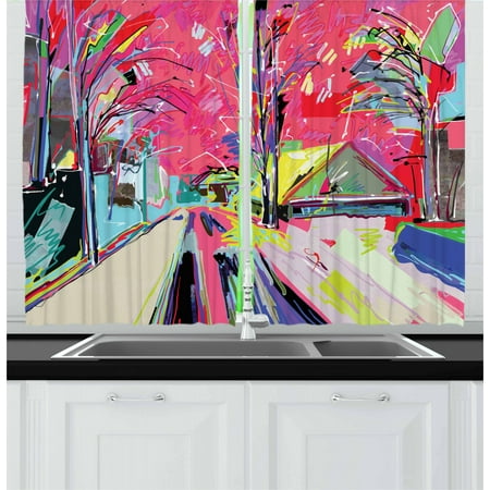 Fine Bedroom Sets Fine Art Curtains 2 Panels Set, Funky Digital Paint Streets Sketch Style Unusual Trees Grunge Outside Urban Design, Window Drapes for Living Room Bedroom, 55W X 39L Inches, Multicolor, by Ambesonne ()