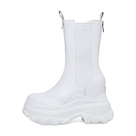 

2022autumn and winter New 12cm hidden height thick bottom mid-calf boots boots Women‘s British Style single boots fleece-lined boots