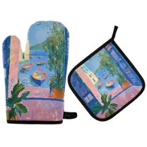 Yayeee Oven Mitts and Pot Holder Set of 4 Heat Resistant Kitchen Gloves Baking Hot Pad, Purple Window