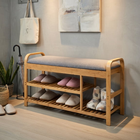 Resenkos 3-Tier Bamboo Shoe Rack Bench with Cushion-Natural, Space-Saving Shoe Rack Organizer for Closet Entryway
