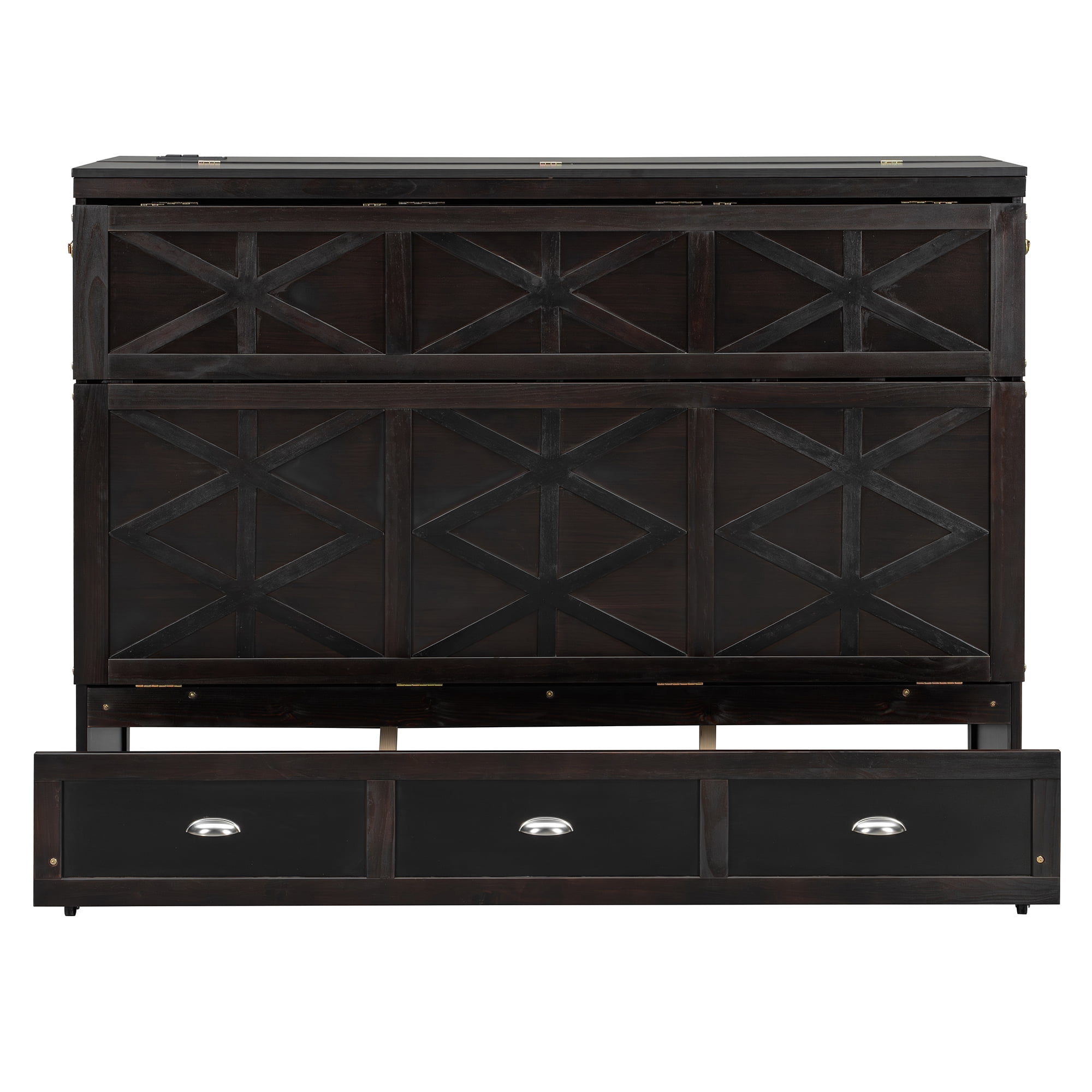 Mintazer Queen Size Murphy Bed with Charge Station & 3 Storage Drawers, Farmhouse Geometric Pattern Foldable Cabinet Wall Bed for Guest Room Small Apartment, Espresso