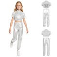 thumbnail image 3 of Aislor Girls Jazz Dance Outfit Mock Neck Short Sleeve Sequins Metallic Back Invisible Zipper Crop Top with Pants Silver 16, 3 of 7