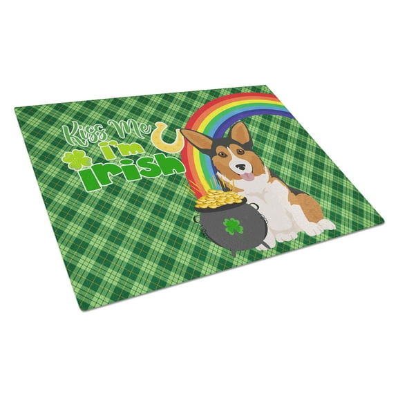 Sable Pembroke Corgi St. Patrick's Day Glass Cutting Board Large 12 in x 15 in