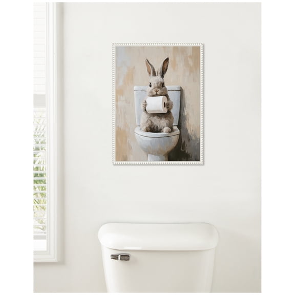 Kate and Laurel Cute Bunny Toilet Paper Roll Toilet Bathroom Art Framed Canvas Wall Art by The Creative Bunch Studio 18 x 24 Sylvie Beaded White, Whimsical, Animals, Humor, Bathroom Art for Wall Decor