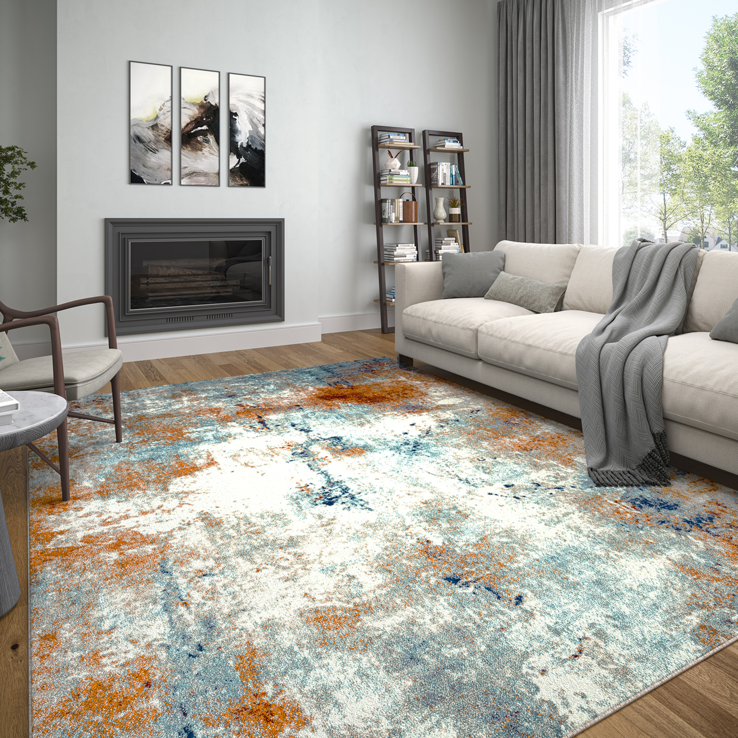 Contemporary 8x10 Area Rug (7'11'' x 10'3'') Abstract Aqua, Beige Living Room Easy to Clean