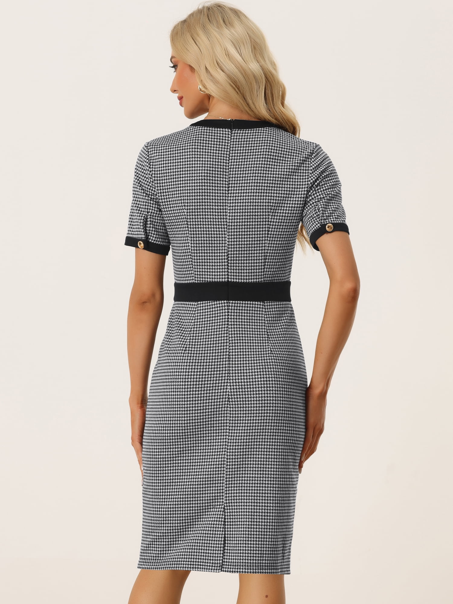 DARING DIVA Short Sleeve Contrast Bodycon Plaid Houndstooth Dress M Black