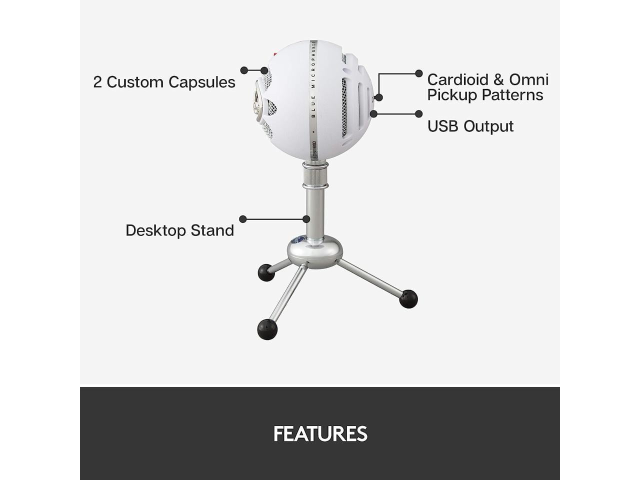 Blue Snowball USB Microphone - Textured White - 2 capsule design - Mac and PC compatible - USB - 3 pickup options - 40Hz - 18kHz