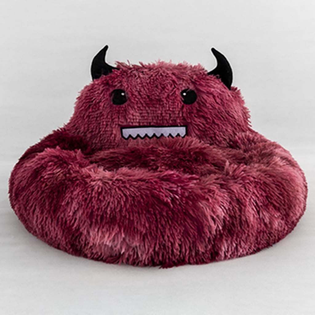 PureCasa Semi-Enclosed Cute Dog Cat Bed for Fall Winter, Comfortable Long Plush Fluffy Pet Pad House Thermal Kennel, Creative Sleeping Cushion Pads for Small Cats Dogs, Round, 1 Pack, XL, Red