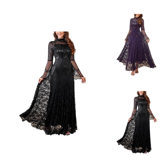 Prom Dresses for Women Elegant Lace Long Sleeve Crewneck Flowy Maxi Dress Formal Evening Gowns