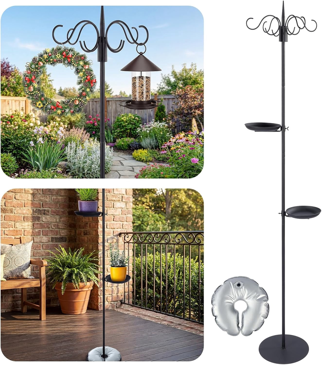 1 Set Upgraded 75.9" Shepherds Hook for Bird Feeder, Hanging Plant Wind Chime Stand, Metal Adjustable Standing Pole Holder for Indoor Outdoor, with 2 Rack & Weight Bag (2 Hooks)