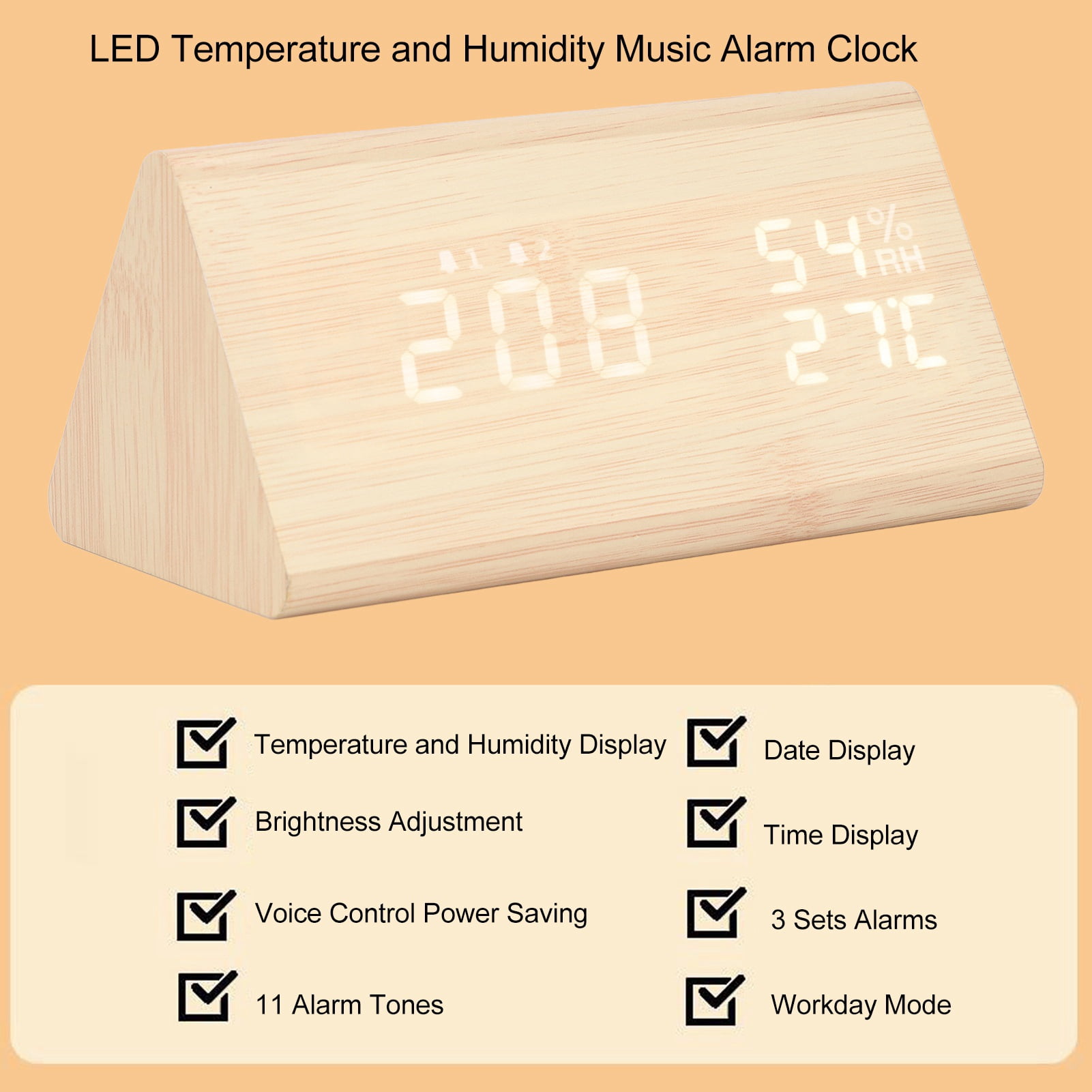 Riousery LED Digital Alarm Clock Multipurpose Wooden Voice Control Temperature Humidity Display 6.69 inches / 17 cm (Bamboo Wood)