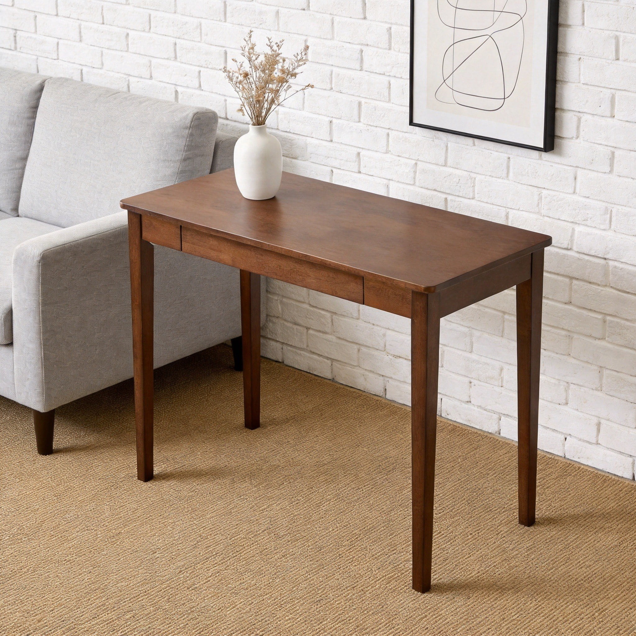 Small Solid Wood Desk with Storage Drawer, Compact Home Office Writing Table for Bedroom & Small Spaces, Walnut