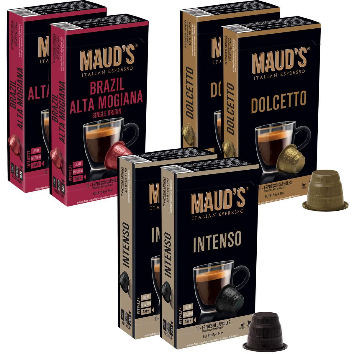 Maud's Espresso Capsules Variety Pack 60ct., (Intenso, Dolcetto, Brazil) 100% Hand-Crafted Arabica Coffee - Italian Espresso Capsules, Single Serve Espresso Pods, Original Machine Nespresso Compatible