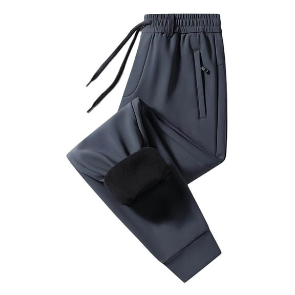 Men's Winter Fleece-Lined Waterproof Sweatpants - Polyester Elastic Waist Warm Pants, Windproof Insulated Joggers with Zipper Pockets for Skiing/Hiking/Daily
