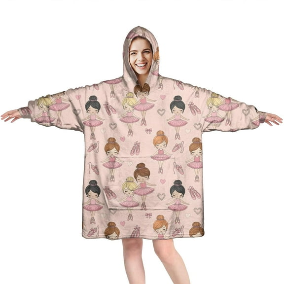 Wearable Oversized Blanket,Pink Ballerina Pattern Wearable Blanket Hoodie for Adults,Cozy Hooded Blankets with Super Pockets,Super Warm Fuzzy Pullover for Women & Men