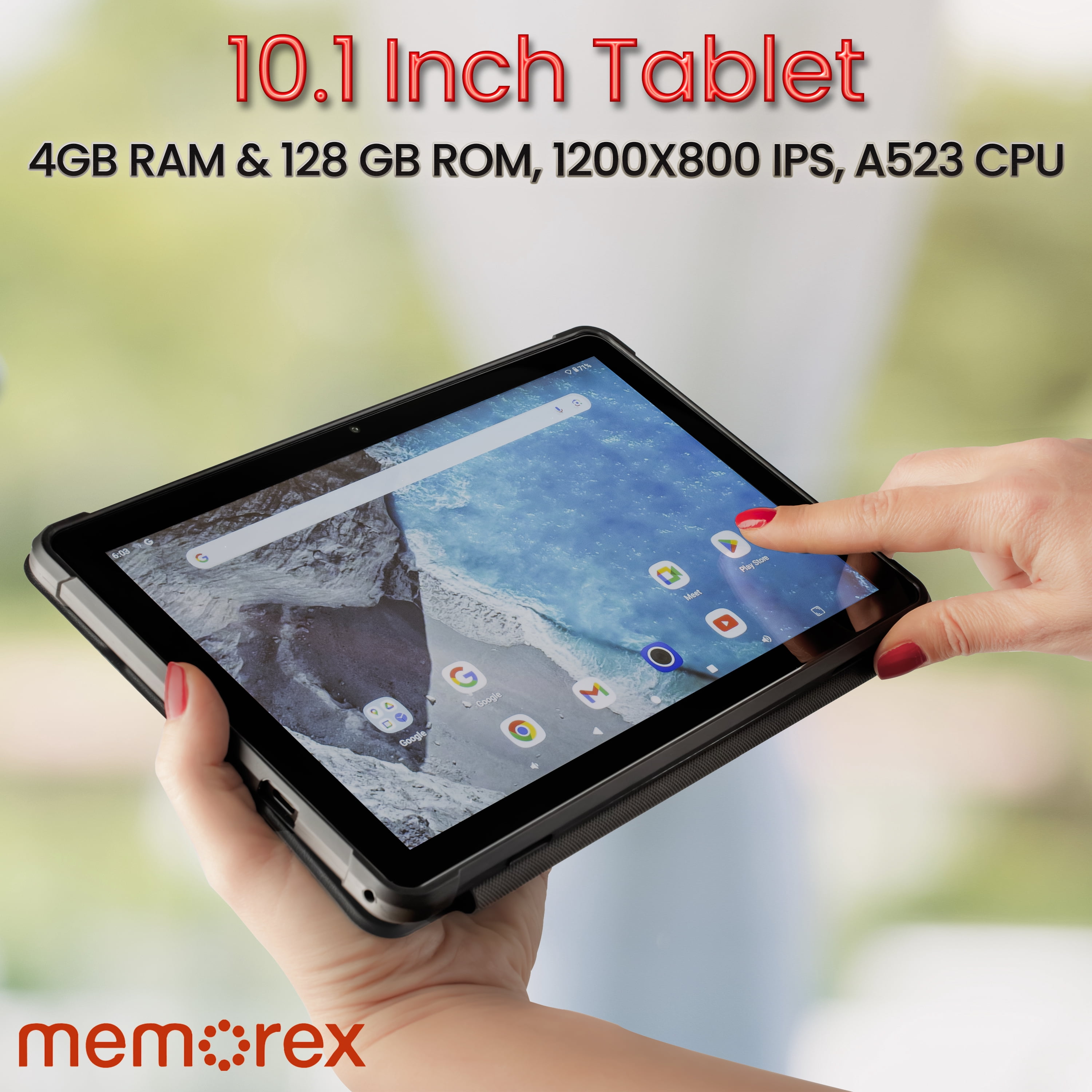 Memorex Bonus 4-in-1 Privacy Bundle - 10.1" HD IPS Android 14 8-Core Tablet, 128GB Storage, 4GB RAM with Bonus Tablet Case & Stand, Braided 10ft USB-C cable & Privacy Screen Protector